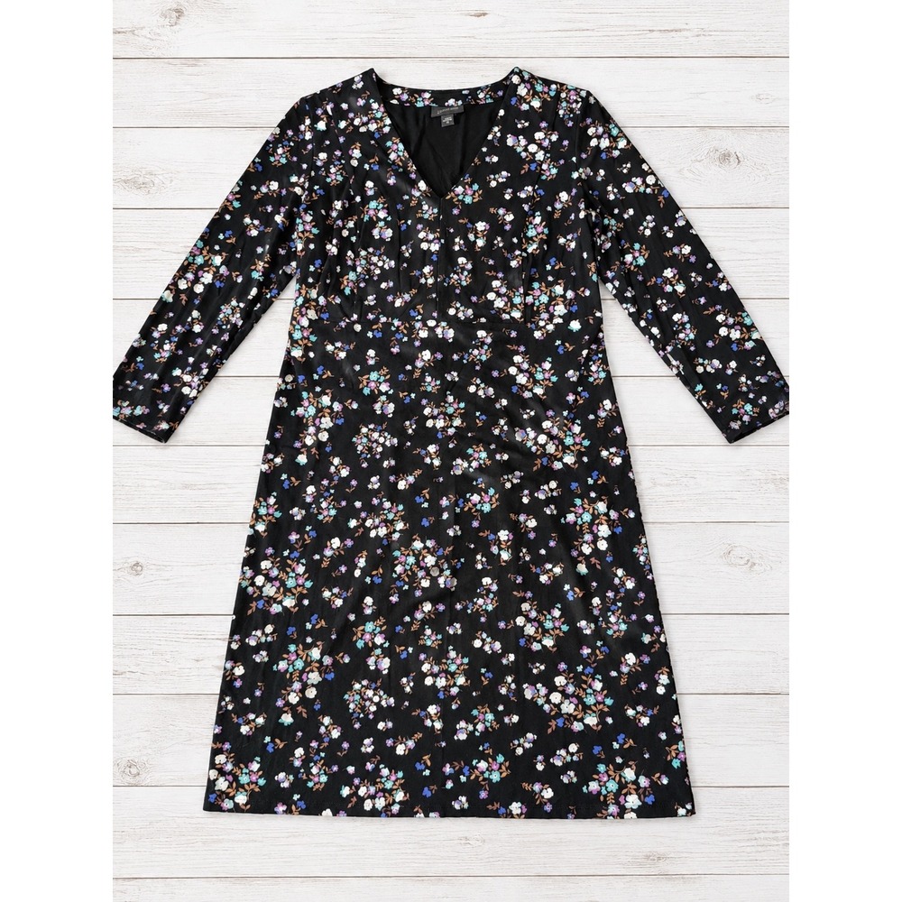 J. Jill Wearever Collection Floral V-Neck A-Line Knit Dress Cottagecore Black XS